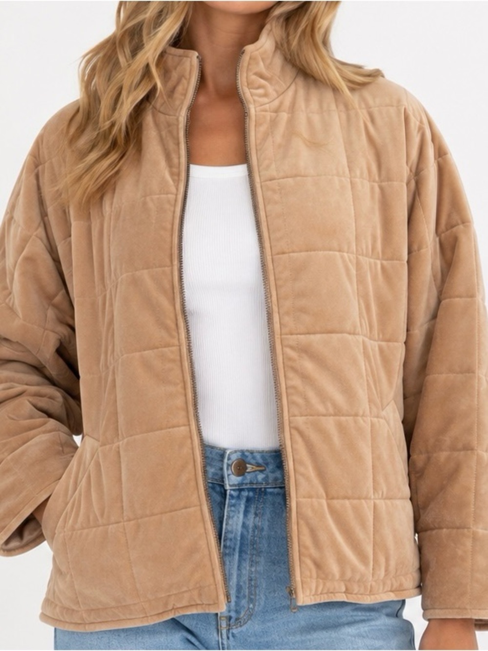 SAUKOLE Quilted Velvet Zip Jacket Camel Beige Oversized Dolman Medium